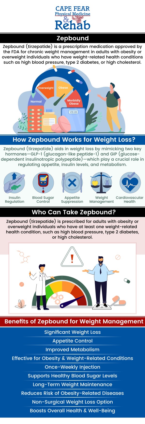 Zepbound injections are an effective, FDA-approved treatment for weight loss, helping reduce appetite and supporting a healthier lifestyle. This injectable medication works by targeting hormones to curb hunger and improve metabolic function. At Cape Fear Physical Medicine and Rehab, our team offers personalized weight loss plans tailored to your needs, combining Zepbound with nutrition and fitness guidance. Achieve your weight loss goals with the support of our expert professionals. For more information, contact us or schedule an appointment online. We are conveniently located at 1540 Purdue Dr, Ste. 200, in Fayetteville, NC 28303. Zepbound injections are an effective, FDA-approved treatment for weight loss, helping reduce appetite and supporting a healthier lifestyle. This injectable medication works by targeting hormones to curb hunger and improve metabolic function. At Cape Fear Physical Medicine and Rehab, our team offers personalized weight loss plans tailored to your needs, combining Zepbound with nutrition and fitness guidance. Achieve your weight loss goals with the support of our expert professionals. For more information, contact us or schedule an appointment online. We are conveniently located at 1540 Purdue Dr, Ste. 200, in Fayetteville, NC 28303.
