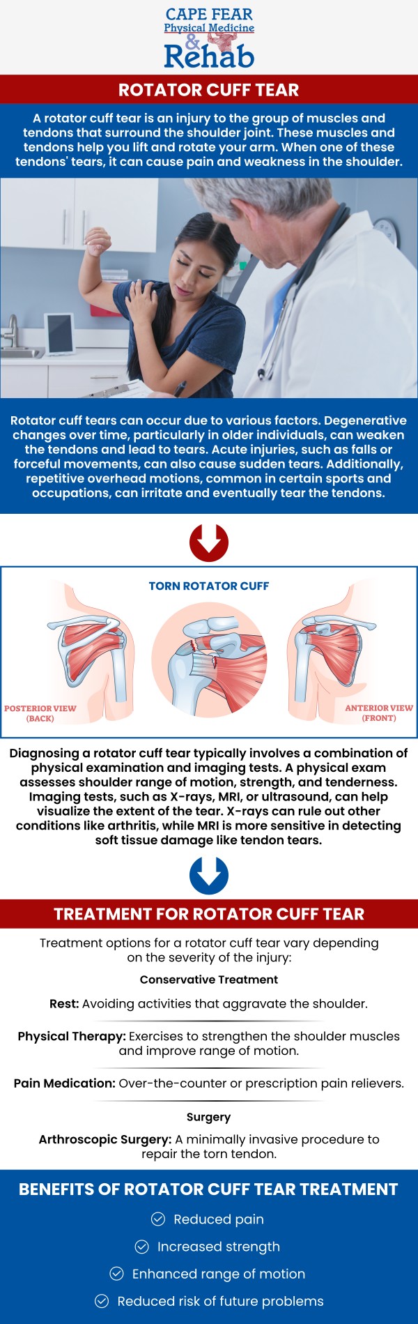 Rotator cuff tear evaluations at Cape Fear Physical Medicine help identify the cause and severity of shoulder tendon injuries. Dr. Meisha K. Abbasinejad and the team perform thorough assessments to evaluate pain, weakness, and limited mobility. Each evaluation combines physical examination with advanced imaging when needed to provide a complete diagnosis. These assessments guide personalized treatment plans to restore shoulder function and reduce discomfort. For more information, contact us or schedule an appointment online. We are conveniently located at 1540 Purdue Dr, Ste. 200, in Fayetteville, NC 28303.